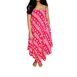 Women&#39;s Geometric Print Maxi Summer Sundress, Red and White Pattern, Spaghetti Straps, Asymmetric Hem
