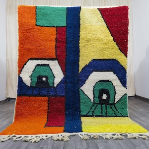 Gorgeous Orange Moroccan rug - Orange Moroccan Rug - Handmade Wool Berber Boujaad Rug - Colorful Tufted Custom Rug - Orange And Green Rug