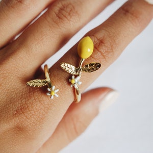lemon gold plated adjustable ring, fruit, gift for her, free shipping, fruit ring, fruit jewellery, food jewellery, lemon ring, Sicily