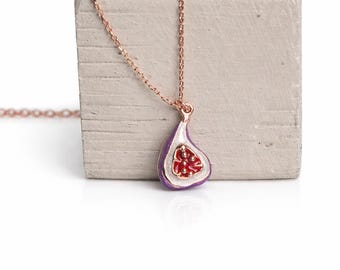 fig necklace, rose gold plated, gift for her, christmas, free shipping, fig pendant, fig jewellery, food jewellery