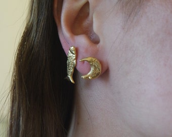 Moon and fish earrings, gold plated, gift for her, free shipping, crescent moon earring, fish earring