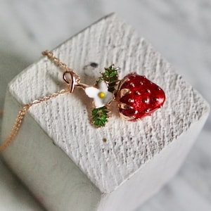 Strawberry necklace, bronze, gold plated, enameled, gift for her, free shipping, strawberry jewellery, fruit jewellery