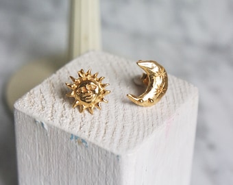 Moon and sun earrings, gold plated, gift for her, free shipping, crescent moon earring, sun earring