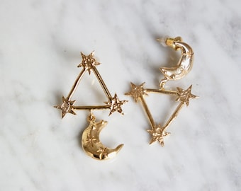 Moon and star earrings, gold plated, gift for her, christmas gift, free shipping
