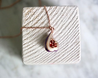 fig necklace, rose gold plated, gift for her, christmas, free shipping, fig pendant, fig jewellery, food jewellery