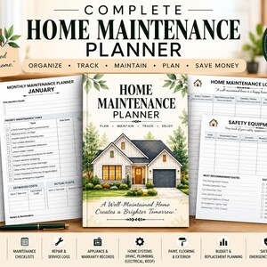 May include: A complete home maintenance planner printable PDF featuring a central cover page with a house illustration, surrounded by various interior pages including a home specification sheet, monthly maintenance planner, log, and safety equipment tracker.