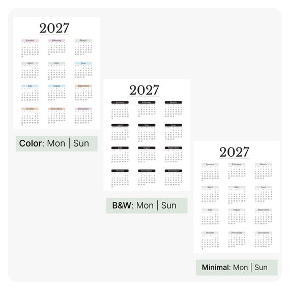 2027 Year Calendar Printable | One Page Calendar | Digital