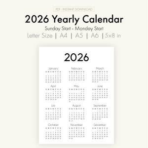 2026 calendar | 2026 calendar template | 2026 calendar printable | 2026 calendar year | Monday&Sunday start | 2026 Yearly Calendar Printable