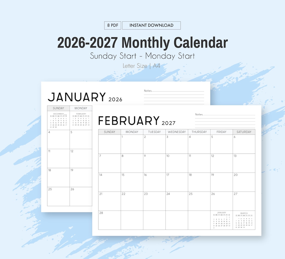 2026-2027 Calendar Printable PDF | Minimalist Monthly Planner | A4