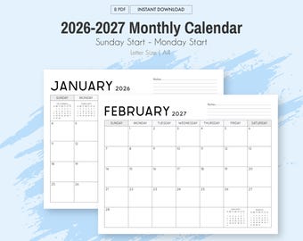 2026-2027年カレンダー印刷可能PDF | ミニマリスト月間プランナー | A4サイズとレターサイズ | 日曜または月曜開始