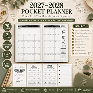 Puede incluir: Una agenda de bolsillo imprimible 2027-2028 de 2 años que mide 10,16 x 16,51 cm. El planificador cuenta con 70 páginas, incluyendo calendarios mensuales, listas de contactos, seguimiento de objetivos e información de emergencia en blanco y negro.