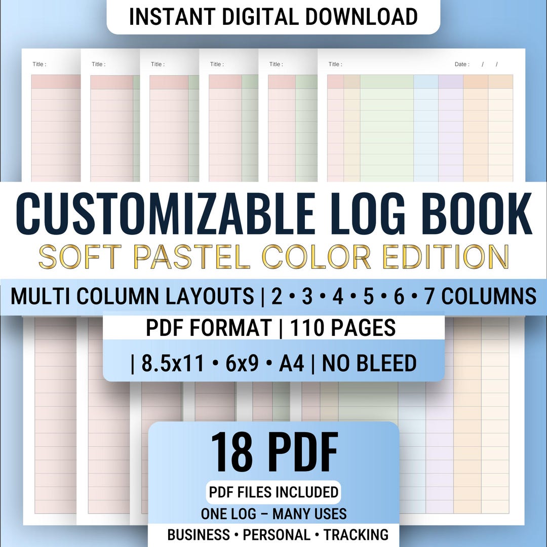 Colored Customizable Log Book Printable, Soft Pastel Multi Column Log ...