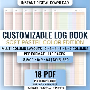 Puede incluir: Imagen de descarga digital de un libro de registro personalizable en edición de colores pastel suaves. La imagen destaca diseños multicolumna, formato PDF y varios tamaños. El libro de registro incluye 18 archivos PDF para negocios, uso personal y seguimiento.