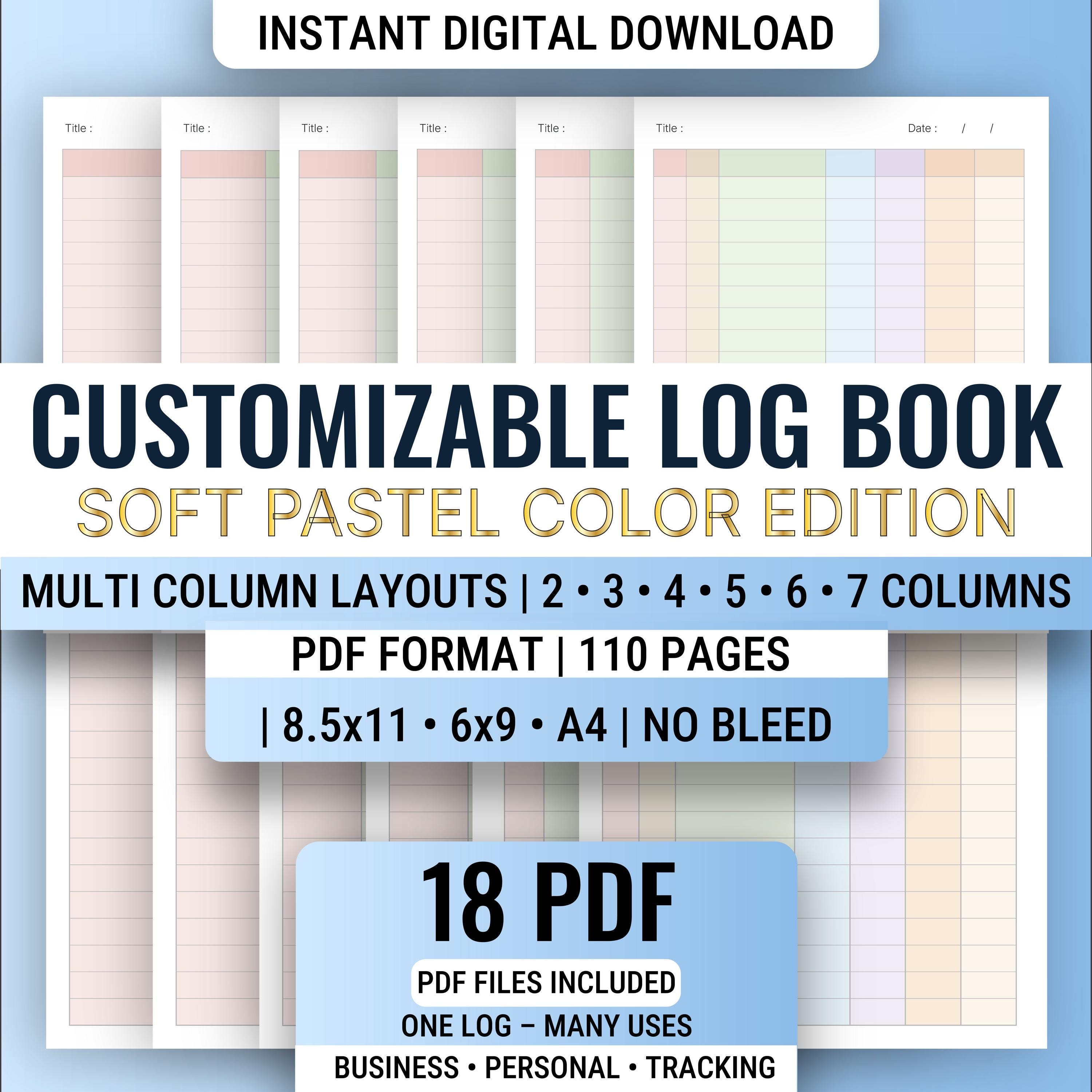 Colored Customizable Log Book Printable, Soft Pastel Multi Column Log ...
