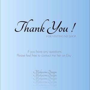 Puede incluir: Un fondo degradado azul claro con las palabras "Thank You!" en elegante escritura negra. Debajo, se lee "FOR VISITING MY SHOP". M&aacute;s abajo, dice "if you have any questions, Please feel free to contact me her on Etsy."