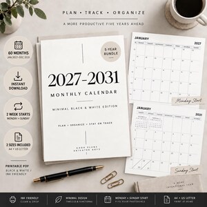 Puede incluir: Un paquete de calendario mensual de 5 años para 2027-2031 con un diseño minimalista en blanco y negro. El conjunto incluye páginas PDF imprimibles con opciones de inicio en lunes o domingo, disponibles en tamaños A4 y carta de EE. UU.
