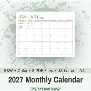 Puede incluir: Una página de calendario mensual para enero de 2027 con un diseño de cuadrícula y los días de la semana en encabezados de colores. El calendario incluye pequeñas cuadrículas de referencia para diciembre y febrero, una sección de notas y el texto 2027 Monthly Calendar.