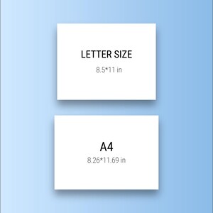 Puede incluir: Dos hojas de papel rectangulares blancas sobre un fondo azul claro. La hoja superior dice "LETTER SIZE" con dimensiones de 8,5 x 11 pulgadas. La hoja inferior dice "A4" con dimensiones de 21 x 29,7 cm.
