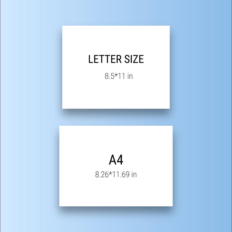 Puede incluir: Dos hojas de papel rectangulares blancas sobre un fondo azul claro. La hoja superior dice "LETTER SIZE" con dimensiones de 8,5 x 11 pulgadas. La hoja inferior dice "A4" con dimensiones de 21 x 29,7 cm.