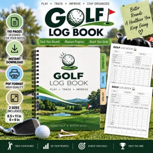 May include: A spiral-bound golf log book featuring a cover with a golf course landscape, a golf ball graphic, and the text Golf Log Book. The set includes two internal page layouts for tracking rounds, with 110 pages in 8.5 x 11 and 6 x 9 inch sizes.