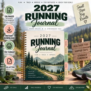 Könnte beinhalten: Ein 2027 Laufjournal mit Spiralbindung, das ein Cover-Bild mit einer Bergsee-Landschaft zeigt. Der Text lautet 2027 RUNNING Journal, PLAN TRACK IMPROVE sowie DISCIPLINE PROGRESS CONSISTENCY A HEALTHIER, HAPPIER YOU. Es enthält Registerkarten für Ziele, Training, Tracker, Fortschritt, Notizen und Extras.