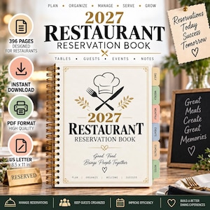 May include: A 2027 restaurant reservation book with a spiral binding, featuring a chef hat and cutlery icon on the cover. The cover text reads 2027 Restaurant Reservation Book, Good Food Brings People Together, Plan, Organize, Welcome, Succeed. It includes colored tabs for daily, weekly, monthly, events, contacts, and notes.