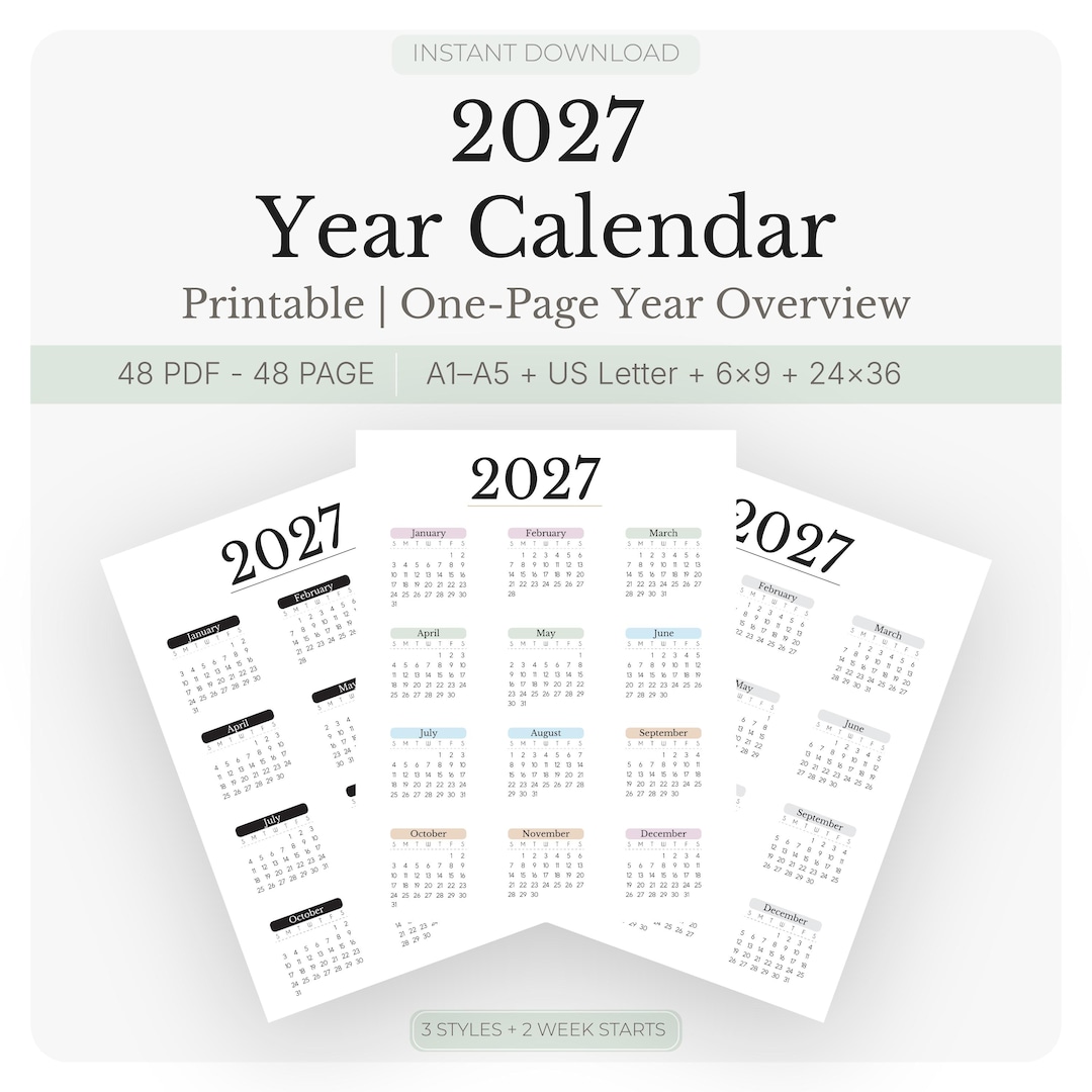 2027 Year Calendar Printable | One Page Calendar | Digital Download