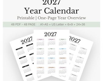 2027 Year Calendar Printable | One Page Calendar | Digital Download | PDF A4 + US Letter