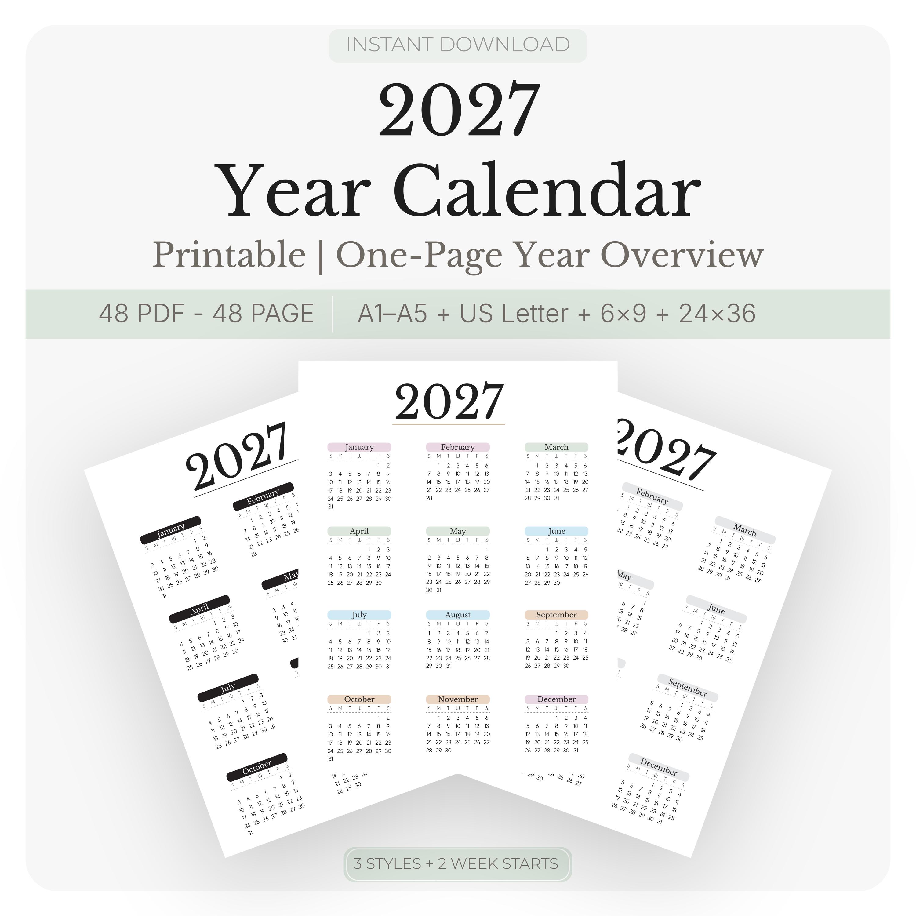 youページ 2027 Year Calendar Printable | One Page Calendar | Digital