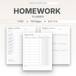 May include: A white homework planner with the text "HOMEWORK PLANNER" and "INSTANT DOWNLOAD". The planner includes sections for weekly and monthly overviews, assignment tracking, and a brain dump. The planner is 8.5-11 inches and has 110 pages.