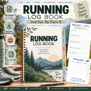 May include: A spiral-bound running log book with a mountain and forest landscape cover. The cover features the text Running Log Book, Track Progress, Build Habits, Reach Your Goals, and Run a Better You. Includes internal pages for goals and tracking.