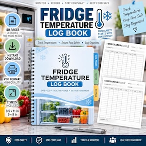 May include: A spiral-bound fridge temperature log book with a white cover featuring a thermometer icon, text reading Fridge Temperature Log Book, and an image of food containers. Includes two sample log pages and a silver pen on a marble surface.