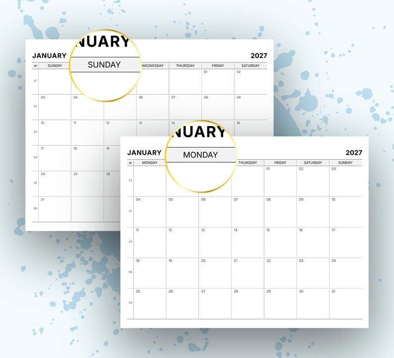 Calendrier mensuel 2027 imprimable, début dimanche lundi, format A4 ...