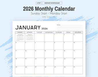 2026 Calendar Printable PDF | Minimalist Monthly Planner | A4 & Letter Sizes | Sunday or Monday Start