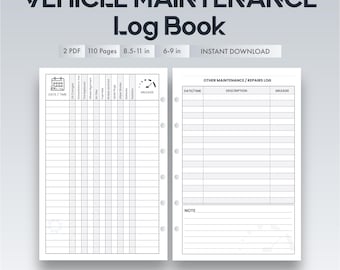 Vehicle Maintenance Log Book Printable | Car Service Record | Digital PDF
