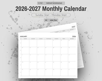 2026-2027 印刷可能なカレンダー PDF | 2年間の月間プランナー | A4 & レターサイズ | 日曜/月曜始まり | すぐにダウンロード