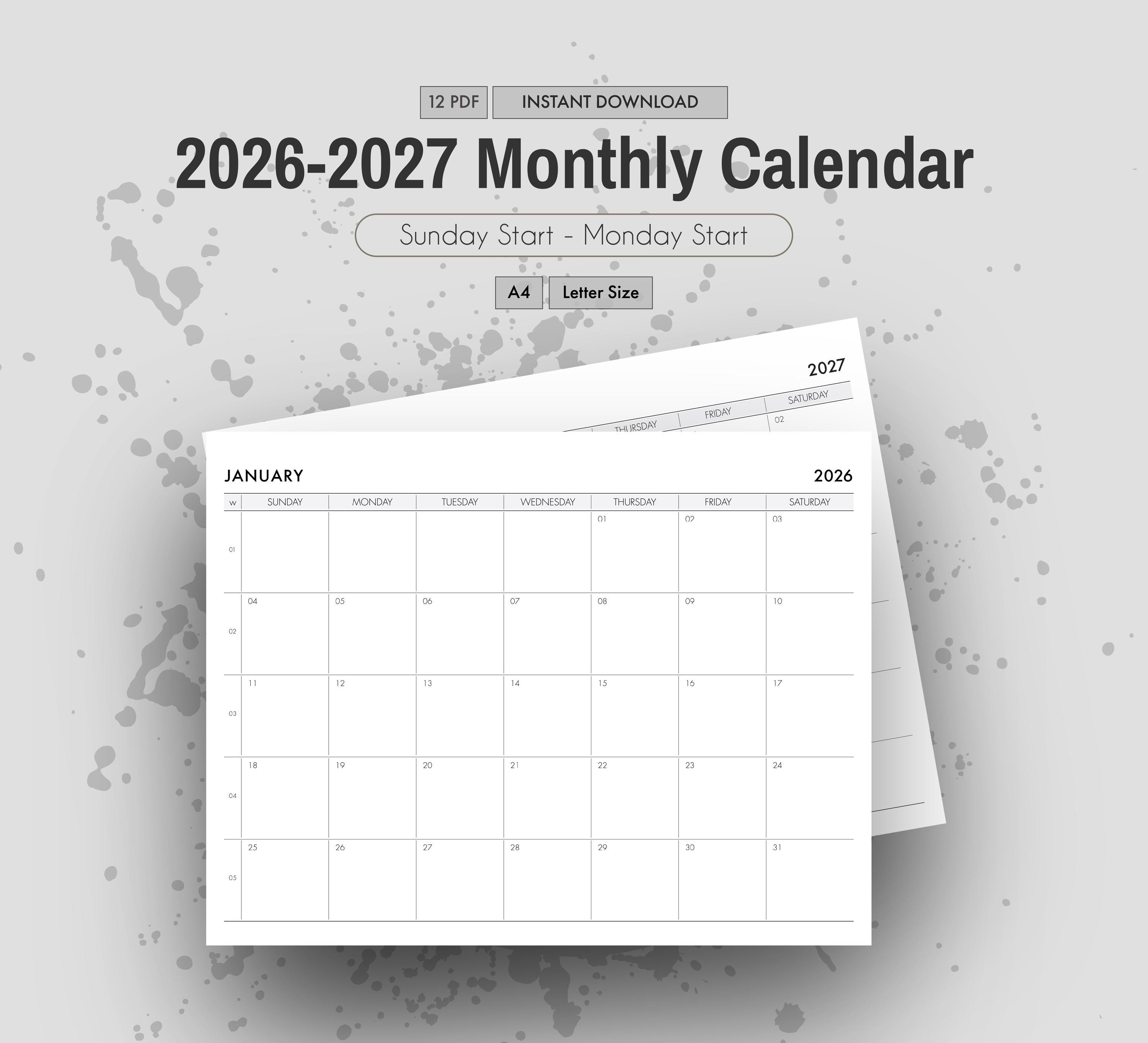 2026‑2027 Printable Calendar PDF | 2‑year Monthly Planner | A4 & Letter