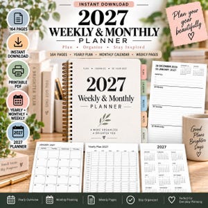 May include: A 2027 weekly and monthly planner with a spiral binding, featuring a cream cover with black text, a leaf graphic, and tabbed dividers. The set includes printable pages showing a yearly calendar, monthly grids, and weekly layouts.