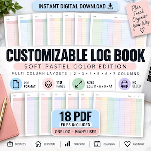 May include: A digital log book template set featuring multi-column layouts in soft pastel colours. The text includes "CUSTOMIZABLE LOG BOOK", "SOFT PASTEL COLOUR EDITION", "18 PDF FILES INCLUDED", "ONE LOG - MANY USES", and "Plan Track Organize Your Way".