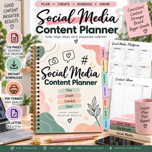 May include: A spiral-bound Social Media Content Planner with a cream cover featuring abstract green and pink shapes, a camera icon, a heart, and a hashtag. The text reads Plan, Create, Schedule, Grow, and Good Content Brighter Results.
