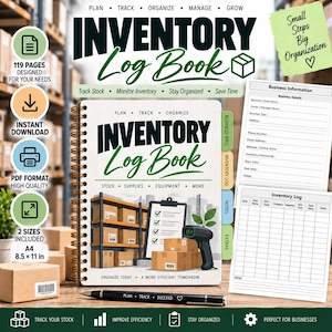 Può includere: Un registro di inventario con rilegatura a spirale, con un'illustrazione di scaffali da magazzino, scatole di cartone, una cartellina e uno scanner di codici a barre. Il testo riporta Inventory Log Book, Plan, Track, Organize, Manage, Grow e Small Steps Big Organization. Include pagine per informazioni aziendali e registri di inventario.