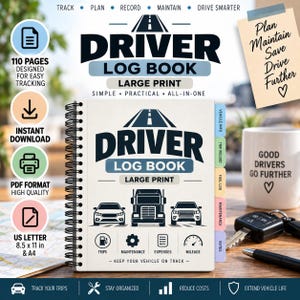 Könnte beinhalten: Ein spiralgebundenes Fahrtenbuch mit weißem Einband, das ein Straßensymbol, einen LKW, zwei Autos und den Text 'DRIVER LOG BOOK LARGE PRINT' zeigt. Das Buch enthält farbige Registerkarten für Fahrzeuginformationen, Wartung und Notizen.