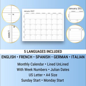 Puede incluir: Un calendario mensual blanco para enero de 2027, con n&uacute;meros de semana y fechas julianas. El calendario incluye opciones con y sin l&iacute;neas, y est&aacute; disponible en tama&ntilde;os US Letter y A4. Tambi&eacute;n incluye el texto "5 LANGUAGES INCLUDED".
