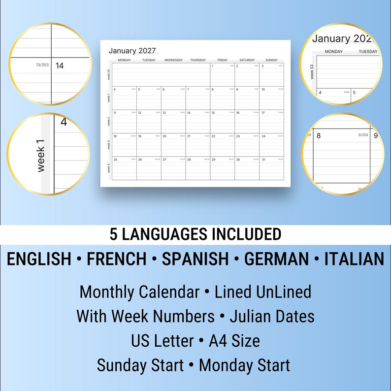 Puede incluir: Un calendario mensual blanco para enero de 2027, con n&uacute;meros de semana y fechas julianas. El calendario incluye opciones con y sin l&iacute;neas, y est&aacute; disponible en tama&ntilde;os US Letter y A4. Tambi&eacute;n incluye el texto "5 LANGUAGES INCLUDED".