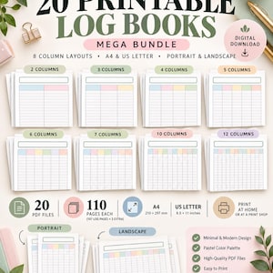 Könnte beinhalten: Ein digitales Paket mit 20 druckbaren Logbüchern mit 8 Spaltenlayouts in A4 und US-Letter-Format. Das Set enthält Hoch- und Querformate mit je 110 Seiten und zeigt Raster mit pastellfarbenen Kopfzeilen.