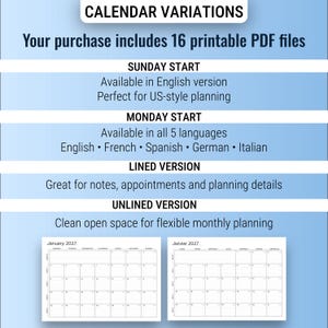 Puede incluir: Un calendario digital con el texto "CALENDAR VARIATIONS". La compra incluye 16 archivos PDF imprimibles. Las opciones incluyen calendarios de inicio de domingo y lunes, versiones con y sin l&iacute;neas. El calendario est&aacute; disponible en varios idiomas.
