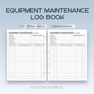 Libro de registro de mantenimiento de equipos (PDF) / Registro diario / Tamaño carta / Descarga instantánea