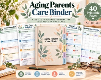 May include: An Aging Parents Care Binder with 40 printable pages in A4 and US Letter sizes. The set includes a central binder cover, a medications list, a daily care routine, a weekly care schedule, and a monthly care calendar with floral accents.