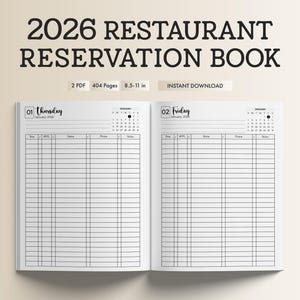 Könnte beinhalten: Ein Restaurant-Reservierungsbuch für 2026, geöffnet, um zwei Seiten anzuzeigen. Der Text auf dem Cover lautet "2026 RESTAURANT RESERVATION BOOK". Das Buch enthält Platz für Zeit, Gruppengröße, Name, Telefon und Notizen. Das Buch ist 21.59-27.94 cm groß.