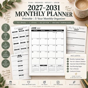 Puede incluir: Un planificador mensual imprimible 2027-2031 que incluye un organizador mensual de 5 años con 151 páginas en formato US letter. El documento contiene páginas de calendario, vistas anuales, fechas importantes, recordatorios de cumpleaños y metas.